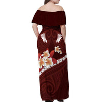 Oxblood Polynesia Off Shoulder Maxi Dress Tribal Pattern Tropical Frangipani