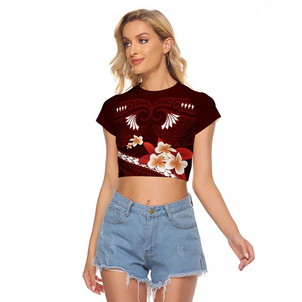 Oxblood Polynesia Raglan Cropped T Shirt Tribal Pattern Tropical Frangipani