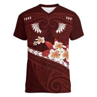 Oxblood Polynesia Women V-Neck T-Shirt Tribal Pattern Tropical Frangipani