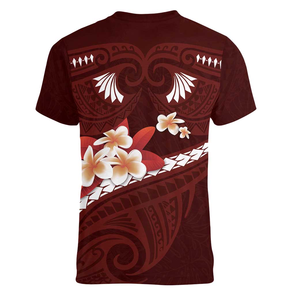 Oxblood Polynesia Women V-Neck T-Shirt Tribal Pattern Tropical Frangipani