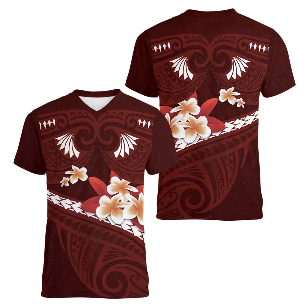 Oxblood Polynesia Women V-Neck T-Shirt Tribal Pattern Tropical Frangipani