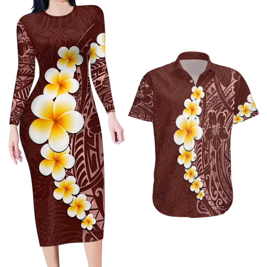 Oxblood Tropical Plumeria With Galaxy Polynesian Art Couples Matching Long Sleeve Bodycon Dress and Hawaiian Shirt LT14 Oxblood - Polynesian Pride