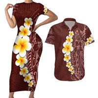 Oxblood Tropical Plumeria With Galaxy Polynesian Art Couples Matching Short Sleeve Bodycon Dress and Hawaiian Shirt LT14 Oxblood - Polynesian Pride