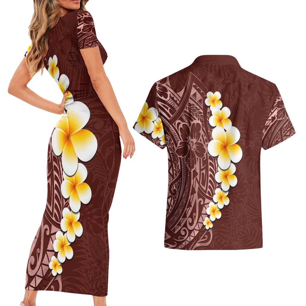 Oxblood Tropical Plumeria With Galaxy Polynesian Art Couples Matching Short Sleeve Bodycon Dress and Hawaiian Shirt LT14 - Polynesian Pride