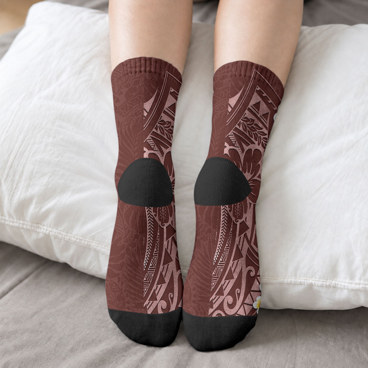 Oxblood Tropical Plumeria With Galaxy Polynesian Art Crew Socks LT14 - Polynesian Pride