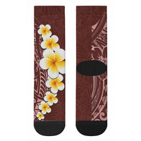 Oxblood Tropical Plumeria With Galaxy Polynesian Art Crew Socks LT14 - Polynesian Pride