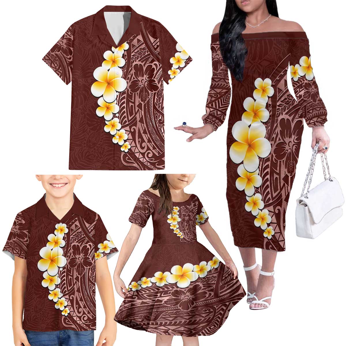 Oxblood Tropical Plumeria With Galaxy Polynesian Art Family Matching Off The Shoulder Long Sleeve Dress and Hawaiian Shirt LT14 - Polynesian Pride