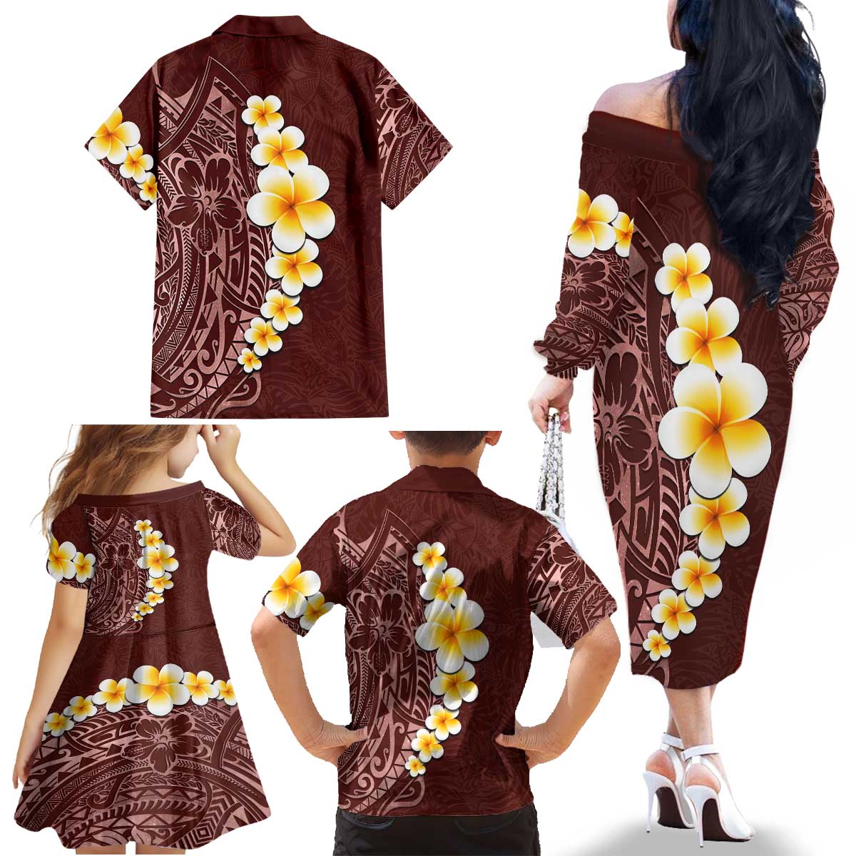 Oxblood Tropical Plumeria With Galaxy Polynesian Art Family Matching Off The Shoulder Long Sleeve Dress and Hawaiian Shirt LT14 - Polynesian Pride