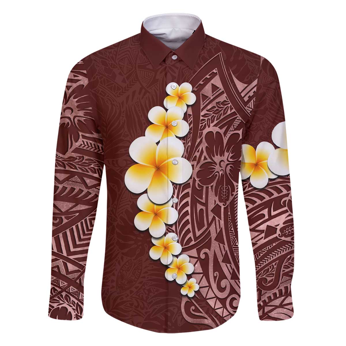 Oxblood Tropical Plumeria With Galaxy Polynesian Art Family Matching Off The Shoulder Long Sleeve Dress and Hawaiian Shirt LT14 Dad's Shirt - Long Sleeve Oxblood - Polynesian Pride
