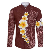 Oxblood Tropical Plumeria With Galaxy Polynesian Art Family Matching Off The Shoulder Long Sleeve Dress and Hawaiian Shirt LT14 Dad's Shirt - Long Sleeve Oxblood - Polynesian Pride