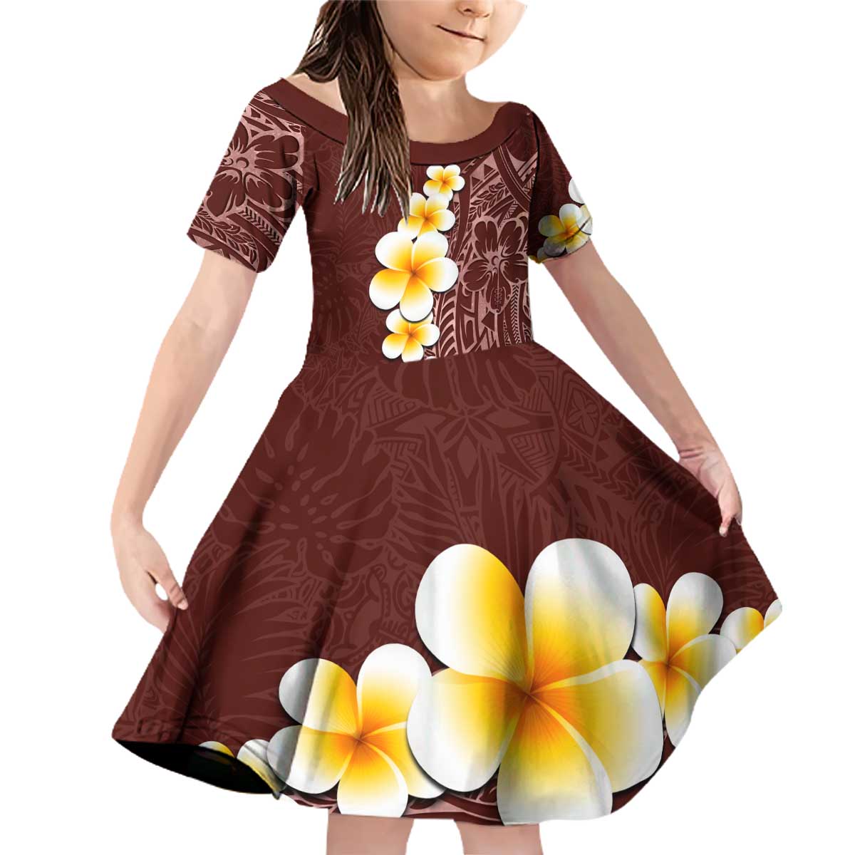 Oxblood Tropical Plumeria With Galaxy Polynesian Art Family Matching Off Shoulder Short Dress and Hawaiian Shirt LT14 Daughter's Dress Oxblood - Polynesian Pride