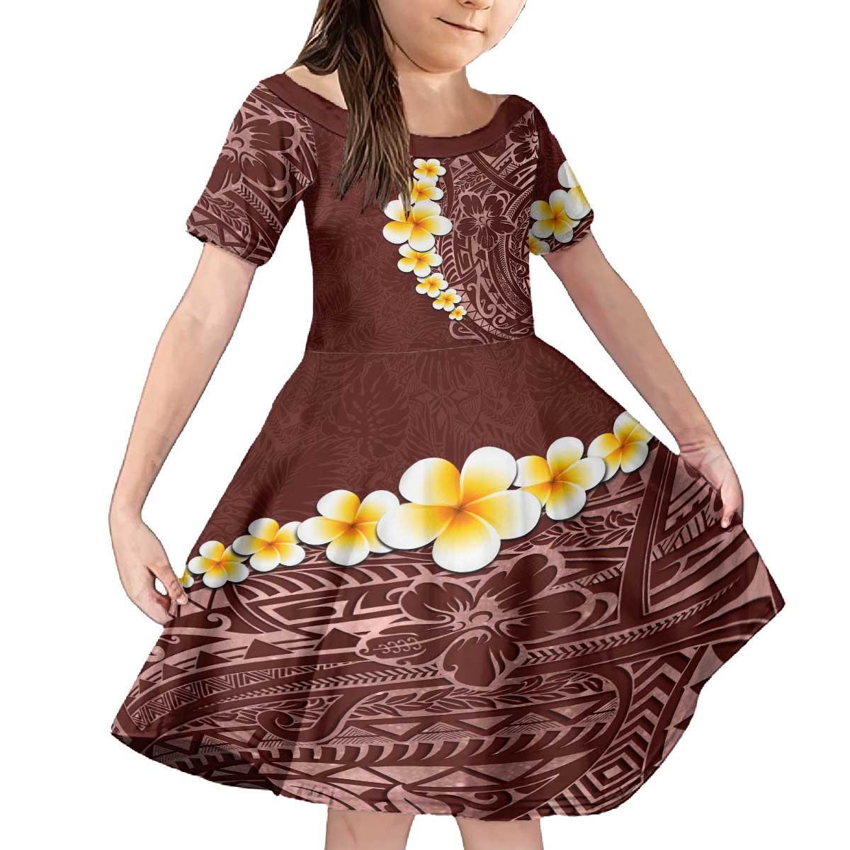Oxblood Tropical Plumeria With Galaxy Polynesian Art Family Matching Puletasi and Hawaiian Shirt LT14 Daughter's Dress Oxblood - Polynesian Pride