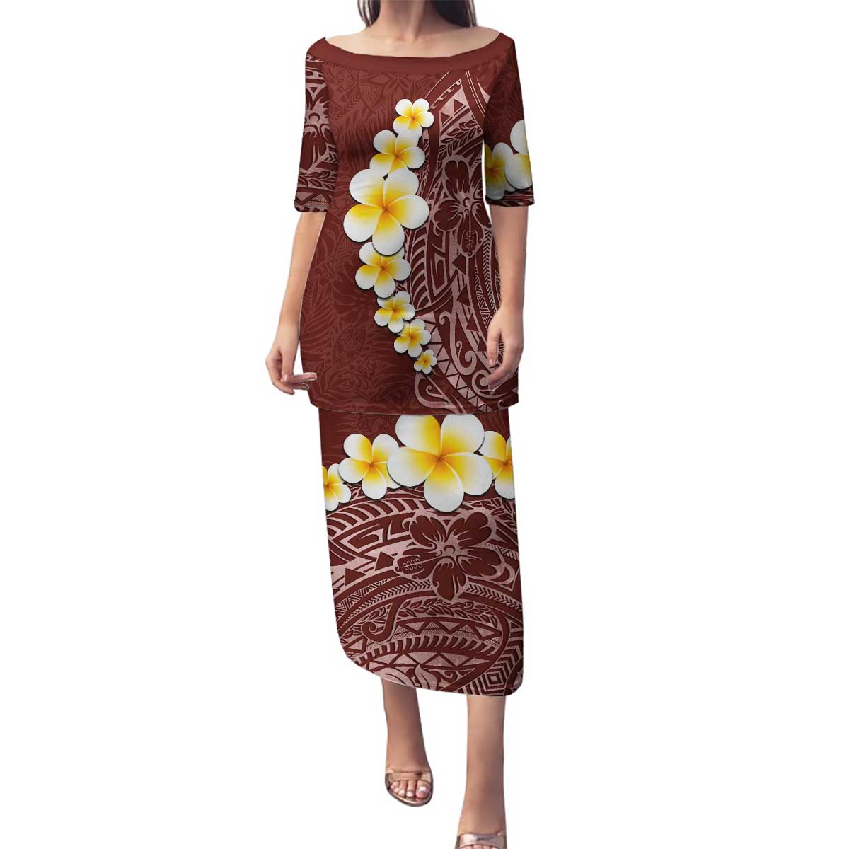 Oxblood Tropical Plumeria With Galaxy Polynesian Art Family Matching Puletasi and Hawaiian Shirt LT14 Mom's Dress Oxblood - Polynesian Pride