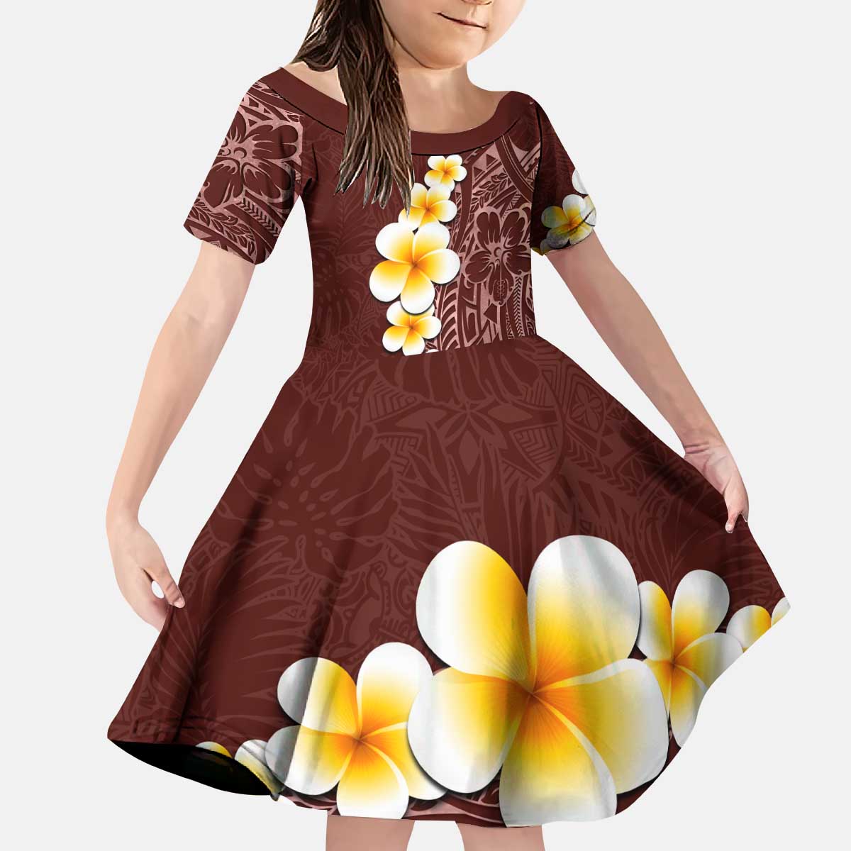Oxblood Tropical Plumeria With Galaxy Polynesian Art Kid Short Sleeve Dress LT14 KID Oxblood - Polynesian Pride