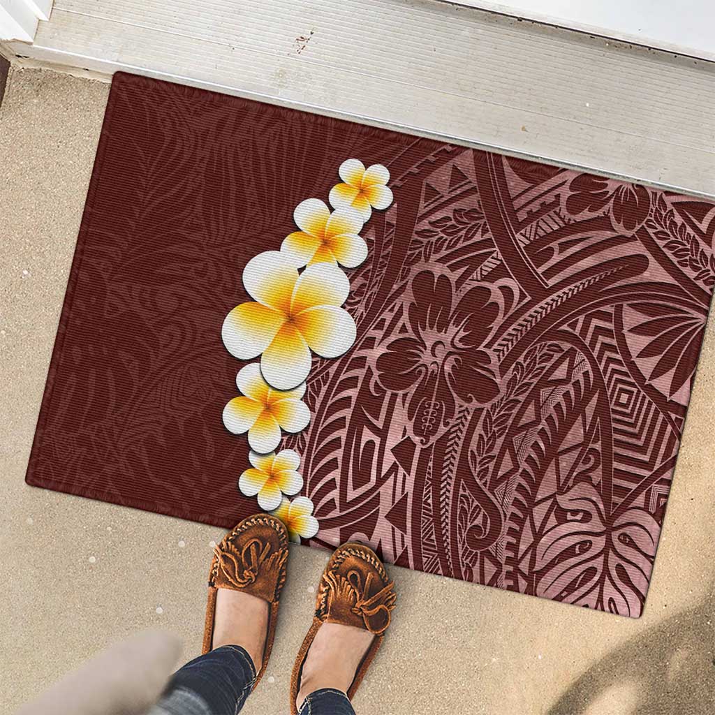Oxblood Tropical Plumeria With Galaxy Polynesian Art Rubber Doormat