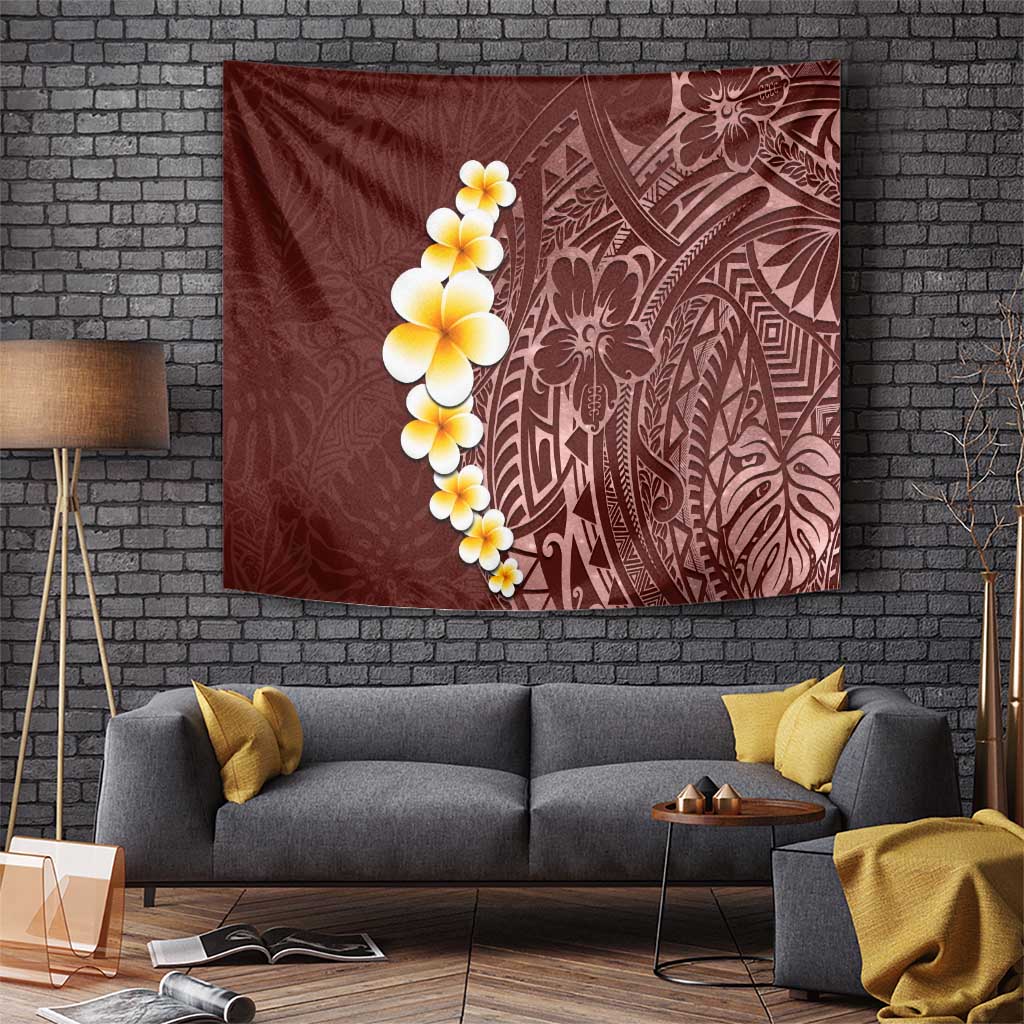 Oxblood Tropical Plumeria With Galaxy Polynesian Art Tapestry