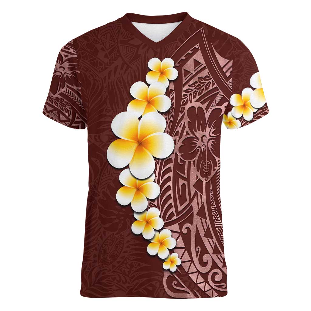 Oxblood Tropical Plumeria With Galaxy Polynesian Art Women V-Neck T-Shirt