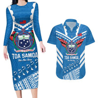 Custom Toa Samoa Rugby Couples Matching Long Sleeve Bodycon Dress and Hawaiian Shirt Samoan Siva Tau Uso Aso Uma LT14 Blue - Polynesian Pride