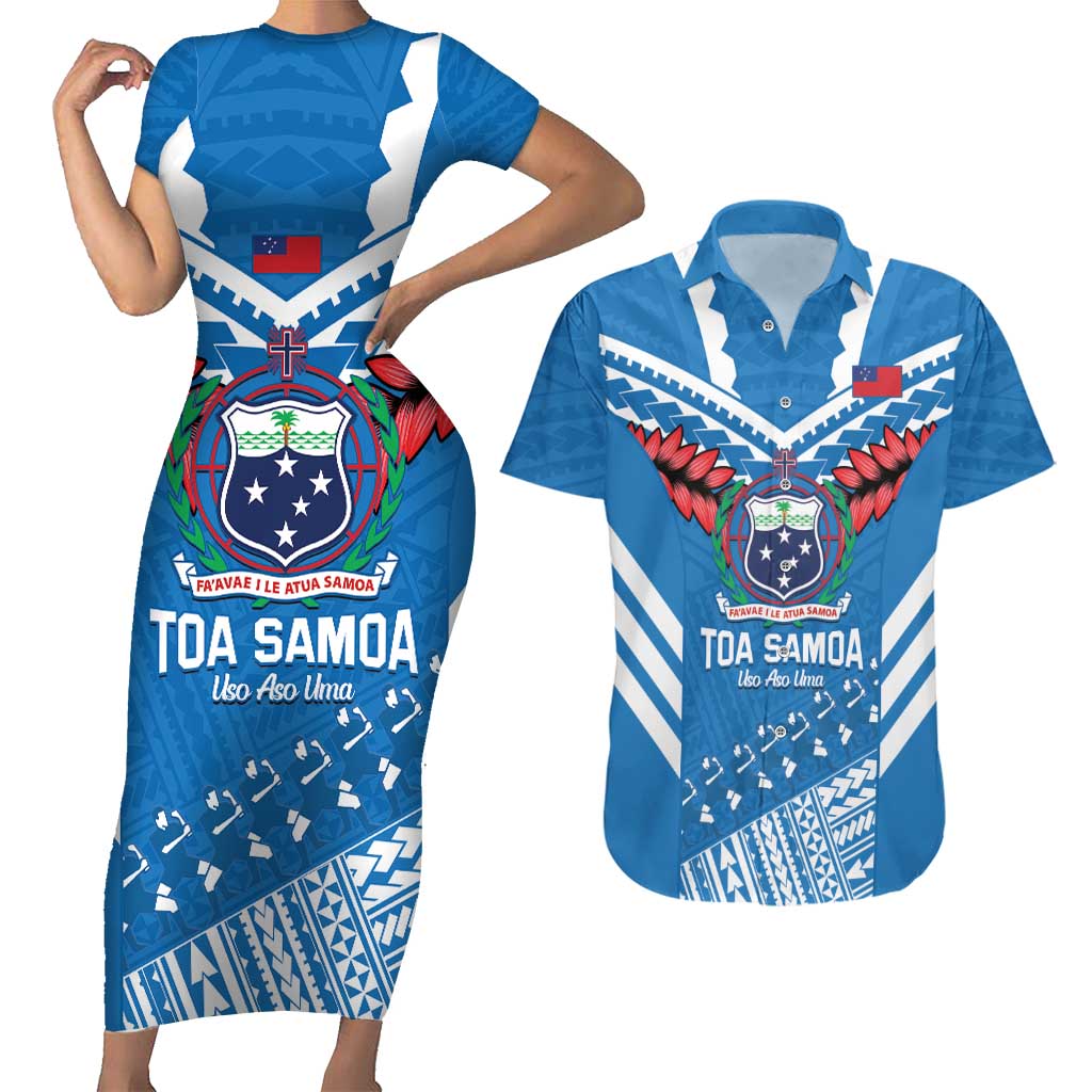 Custom Toa Samoa Rugby Couples Matching Short Sleeve Bodycon Dress and Hawaiian Shirt Samoan Siva Tau Uso Aso Uma LT14 Blue - Polynesian Pride
