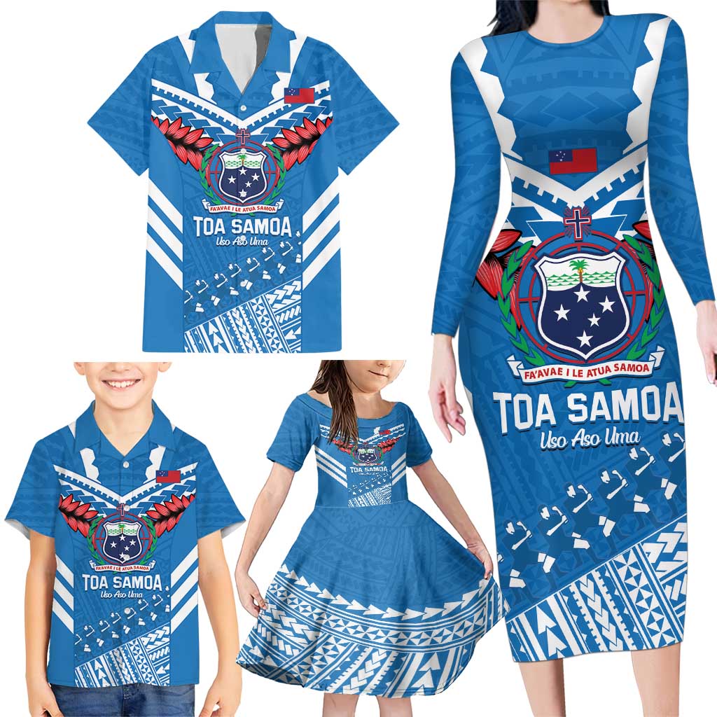 Custom Toa Samoa Rugby Family Matching Long Sleeve Bodycon Dress and Hawaiian Shirt Samoan Siva Tau Uso Aso Uma LT14 - Polynesian Pride