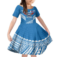 Custom Toa Samoa Rugby Family Matching Off The Shoulder Long Sleeve Dress and Hawaiian Shirt Samoan Siva Tau Uso Aso Uma LT14 Daughter's Dress Blue - Polynesian Pride