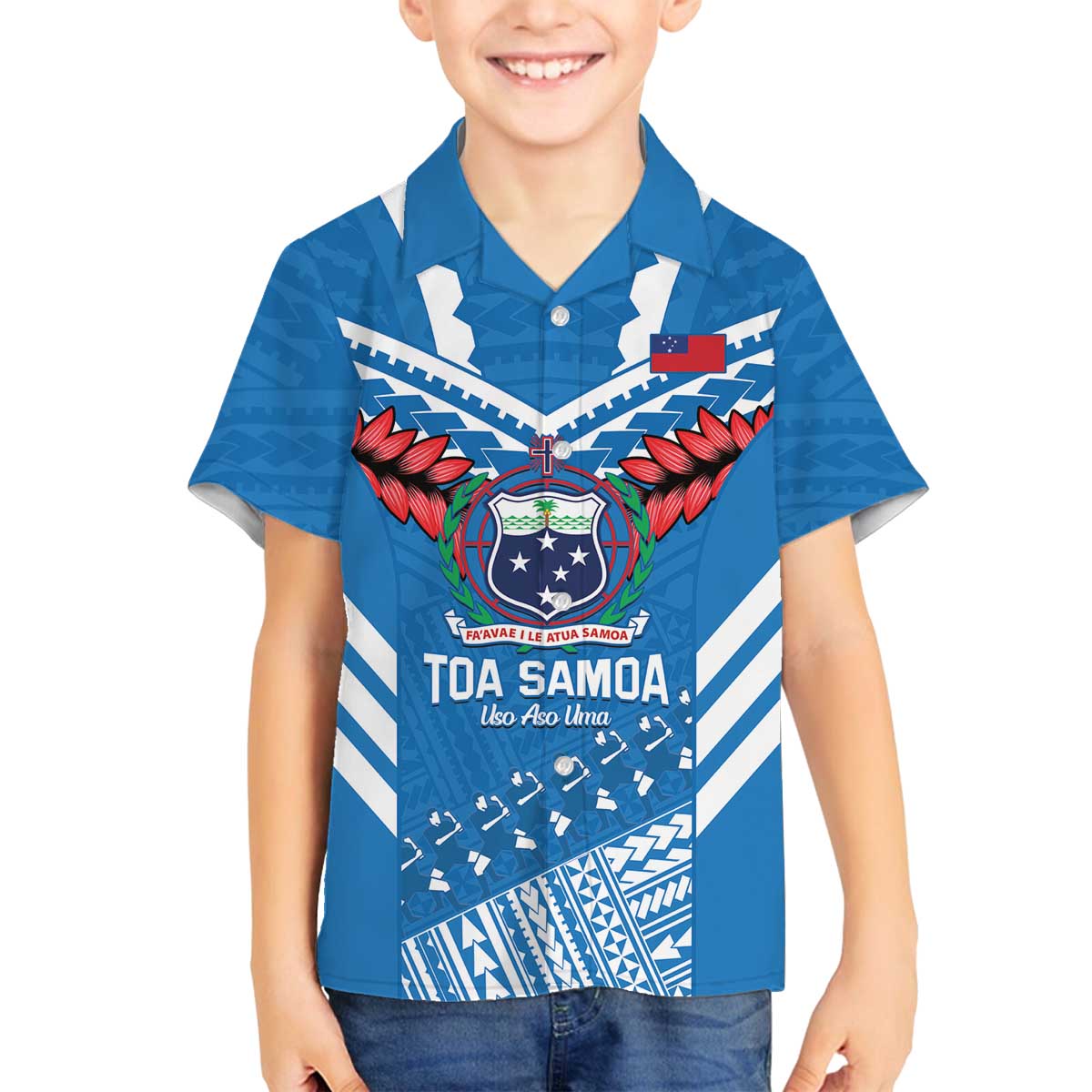 Custom Toa Samoa Rugby Family Matching Off The Shoulder Long Sleeve Dress and Hawaiian Shirt Samoan Siva Tau Uso Aso Uma LT14 Son's Shirt Blue - Polynesian Pride