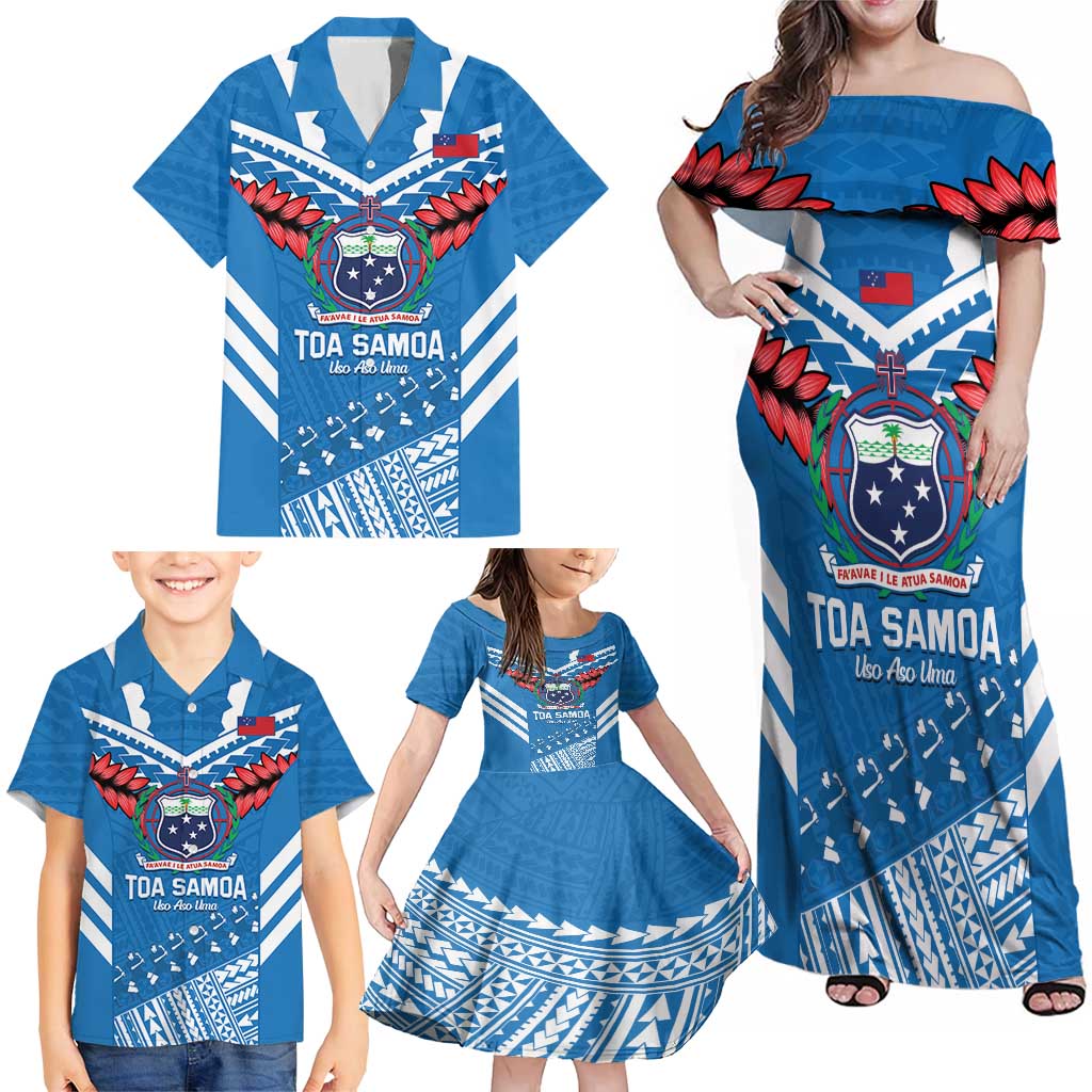 Custom Toa Samoa Rugby Family Matching Off Shoulder Maxi Dress and Hawaiian Shirt Samoan Siva Tau Uso Aso Uma LT14 - Polynesian Pride