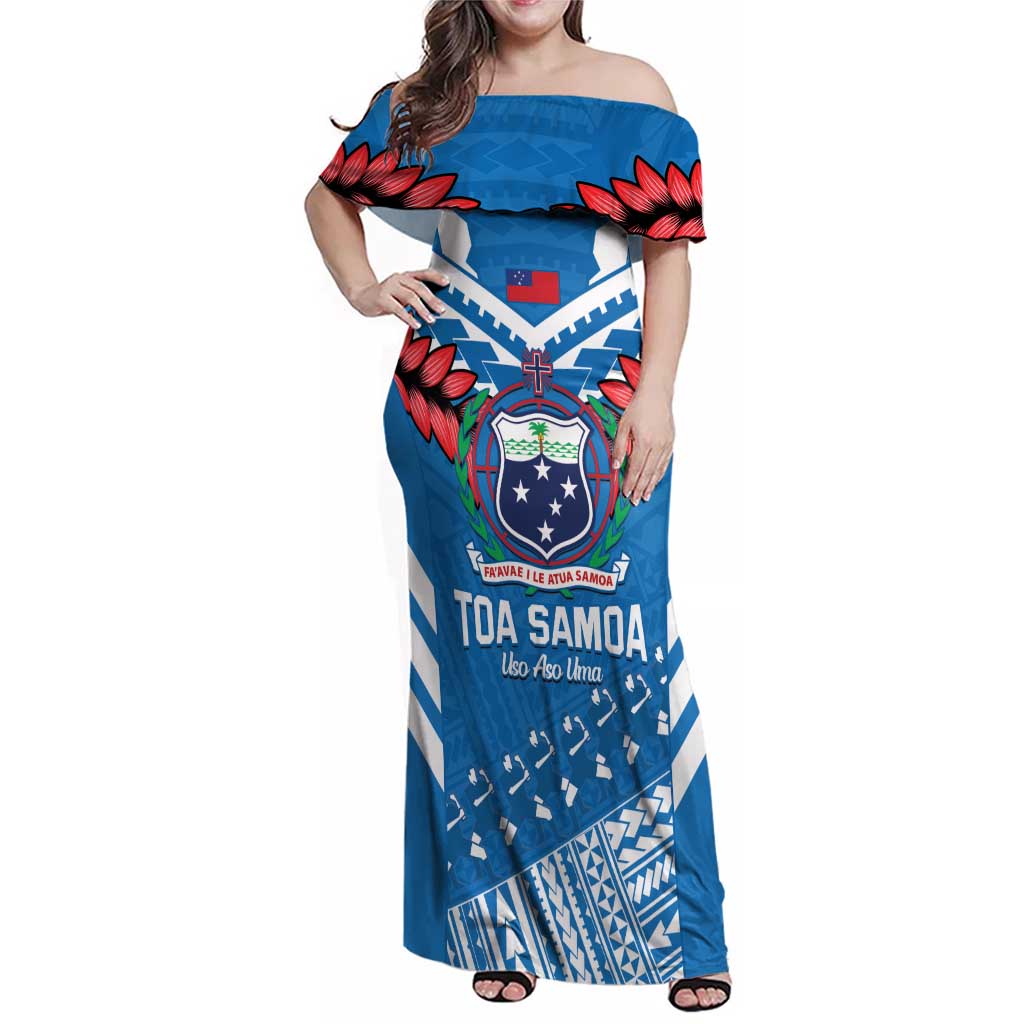 Custom Toa Samoa Rugby Family Matching Off Shoulder Maxi Dress and Hawaiian Shirt Samoan Siva Tau Uso Aso Uma LT14 Mom's Dress Blue - Polynesian Pride