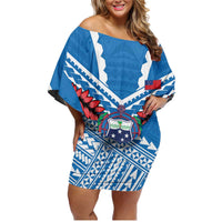 Custom Toa Samoa Rugby Family Matching Off Shoulder Short Dress and Hawaiian Shirt Samoan Siva Tau Uso Aso Uma LT14 Mom's Dress Blue - Polynesian Pride