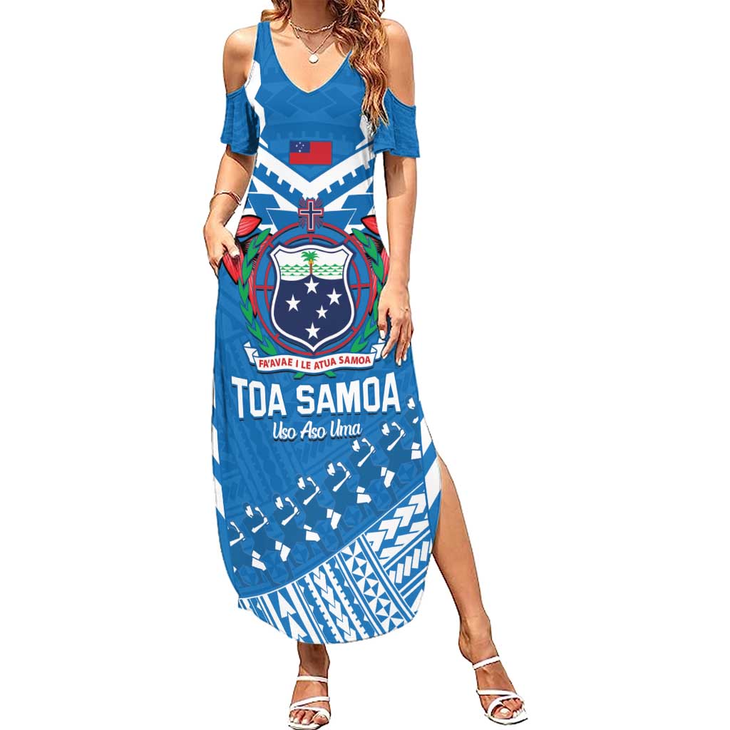 Custom Toa Samoa Rugby Family Matching Summer Maxi Dress and Hawaiian Shirt Samoan Siva Tau Uso Aso Uma LT14 Mom's Dress Blue - Polynesian Pride