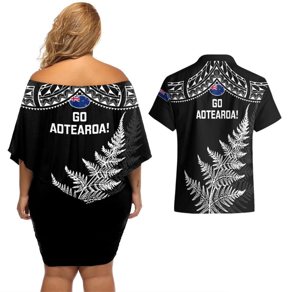 New Zealand Silver Fern Rugby Couples Matching Off Shoulder Short Dress and Hawaiian Shirt Go All Black 2023 World Cup LT14 - Polynesian Pride