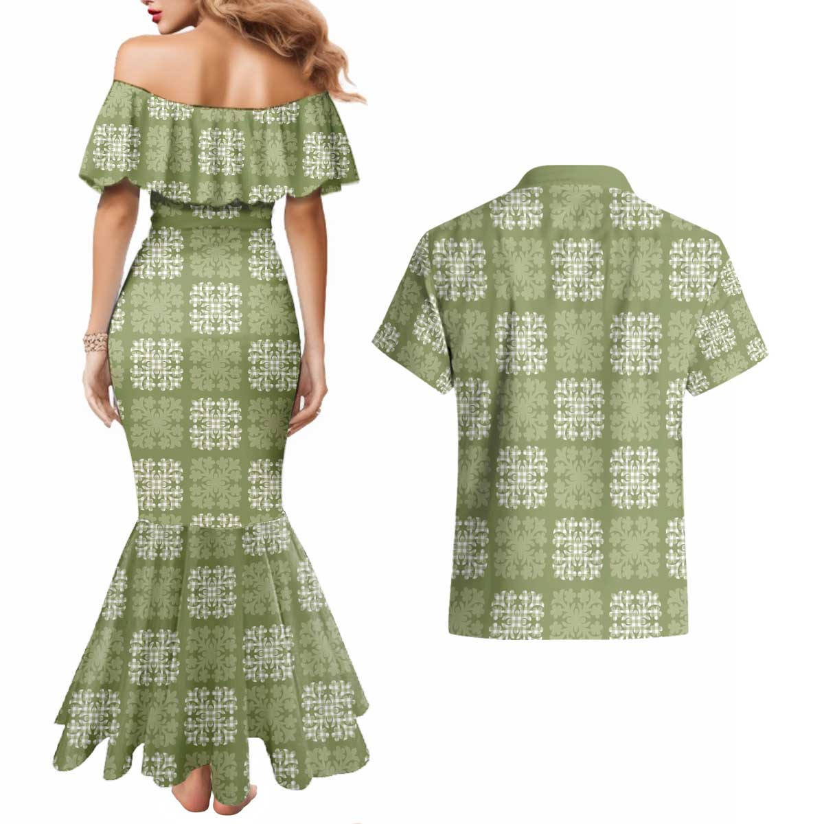 Vesuvian Green Palaka Quilt Hawaii Couples Matching Mermaid Dress and Hawaiian Shirt Traditional Hawaii-plaid Pattern - Polynesian Pride