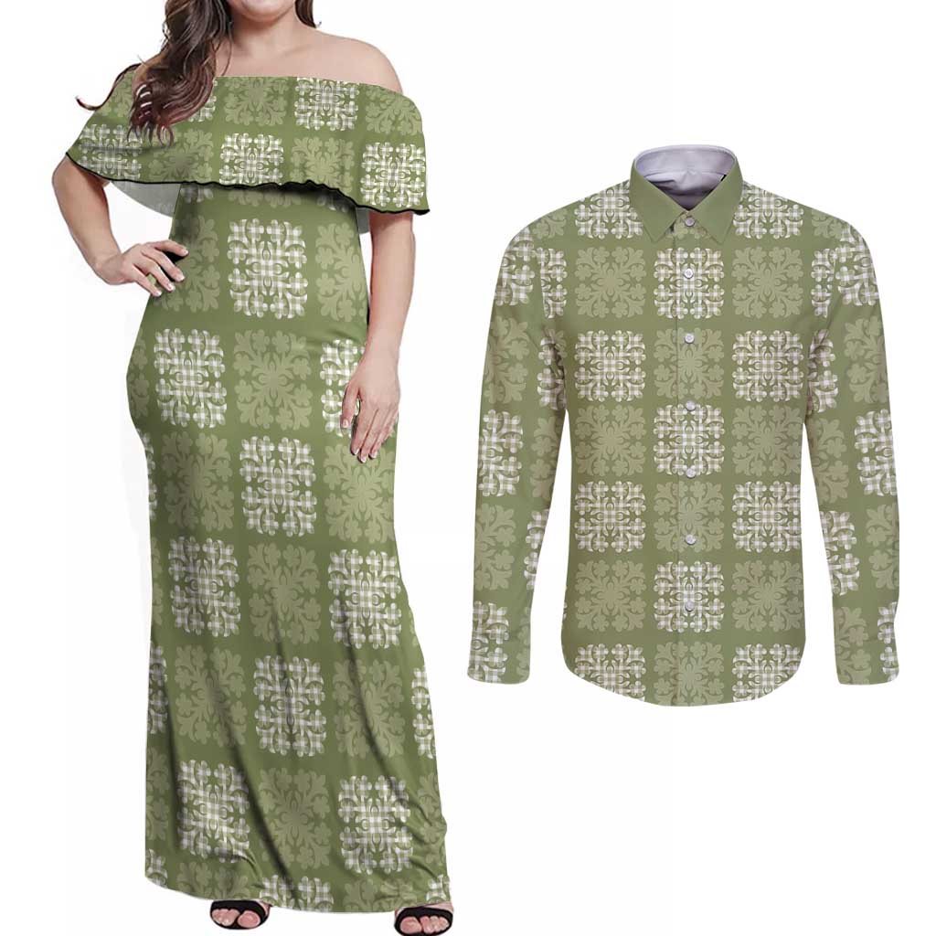 Vesuvian Green Palaka Quilt Hawaii Couples Matching Off Shoulder Maxi Dress and Long Sleeve Button Shirt Traditional Hawaii-plaid Pattern LT14 Vesuvian Green - Polynesian Pride