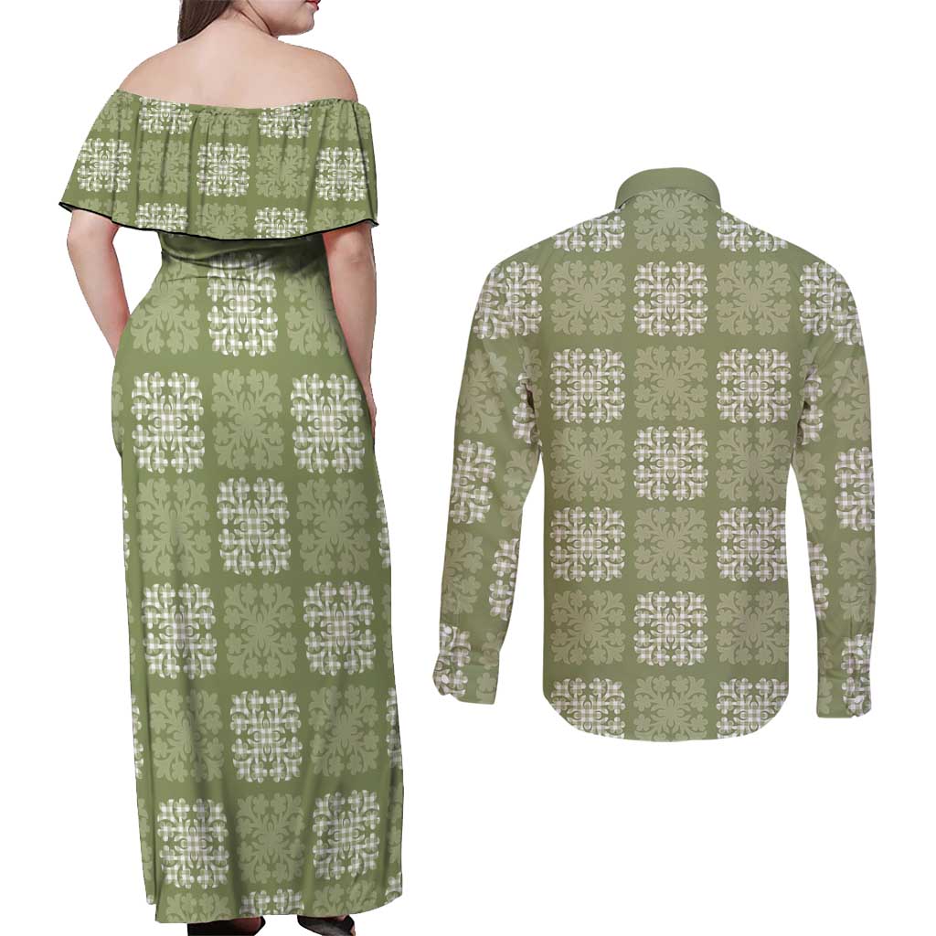 Vesuvian Green Palaka Quilt Hawaii Couples Matching Off Shoulder Maxi Dress and Long Sleeve Button Shirt Traditional Hawaii-plaid Pattern LT14 - Polynesian Pride