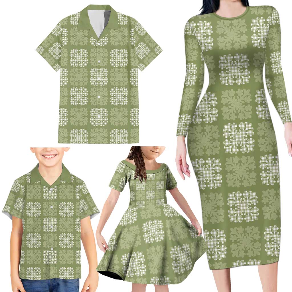Vesuvian Green Palaka Quilt Hawaii Family Matching Long Sleeve Bodycon Dress and Hawaiian Shirt Traditional Hawaii-plaid Pattern LT14 - Polynesian Pride