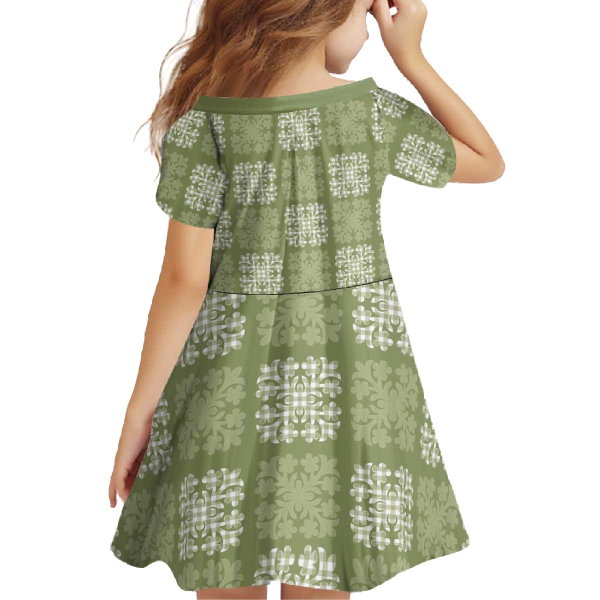 Vesuvian Green Palaka Quilt Hawaii Family Matching Off The Shoulder Long Sleeve Dress and Hawaiian Shirt Traditional Hawaii-plaid Pattern LT14 - Polynesian Pride