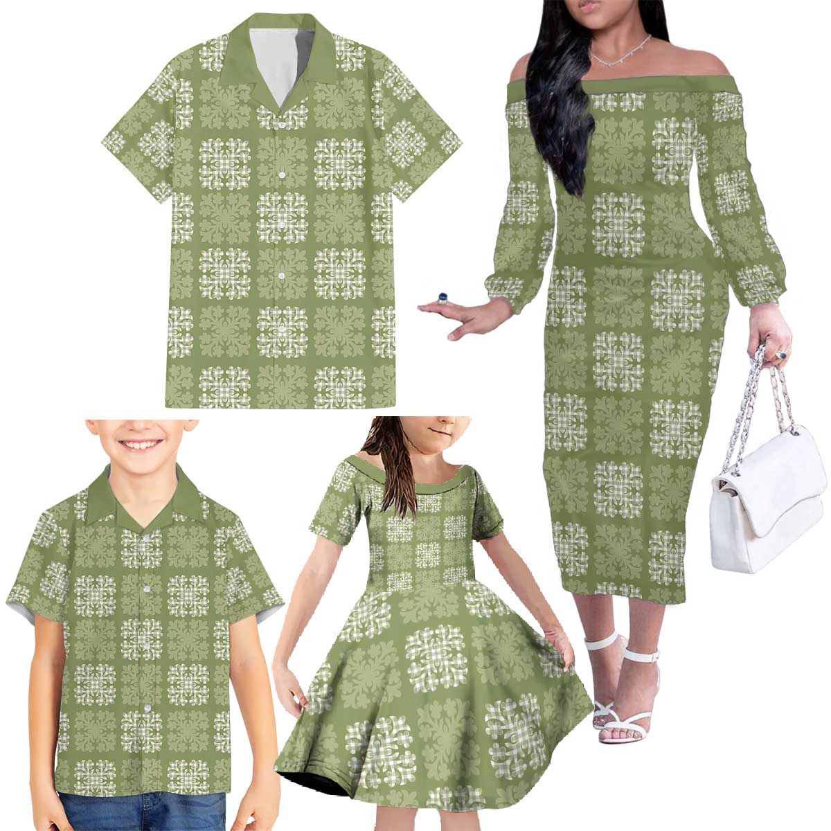 Vesuvian Green Palaka Quilt Hawaii Family Matching Off The Shoulder Long Sleeve Dress and Hawaiian Shirt Traditional Hawaii-plaid Pattern LT14 - Polynesian Pride
