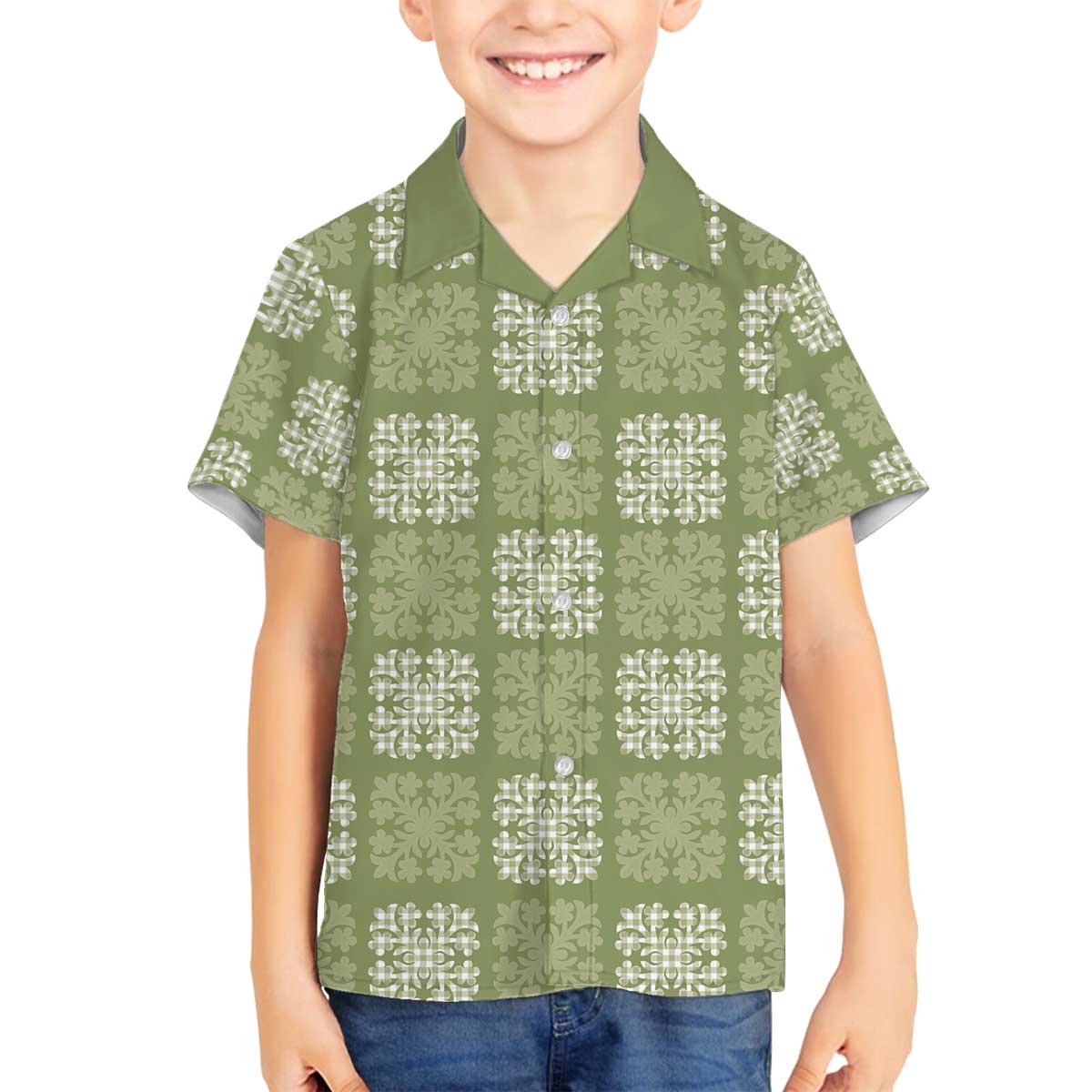 Vesuvian Green Palaka Quilt Hawaii Family Matching Off The Shoulder Long Sleeve Dress and Hawaiian Shirt Traditional Hawaii-plaid Pattern LT14 Son's Shirt Vesuvian Green - Polynesian Pride