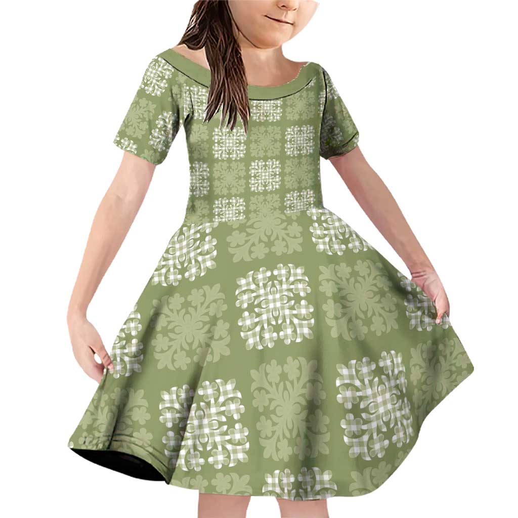 Vesuvian Green Palaka Quilt Hawaii Family Matching Off Shoulder Short Dress and Hawaiian Shirt Traditional Hawaii-plaid Pattern LT14 Daughter's Dress Vesuvian Green - Polynesian Pride
