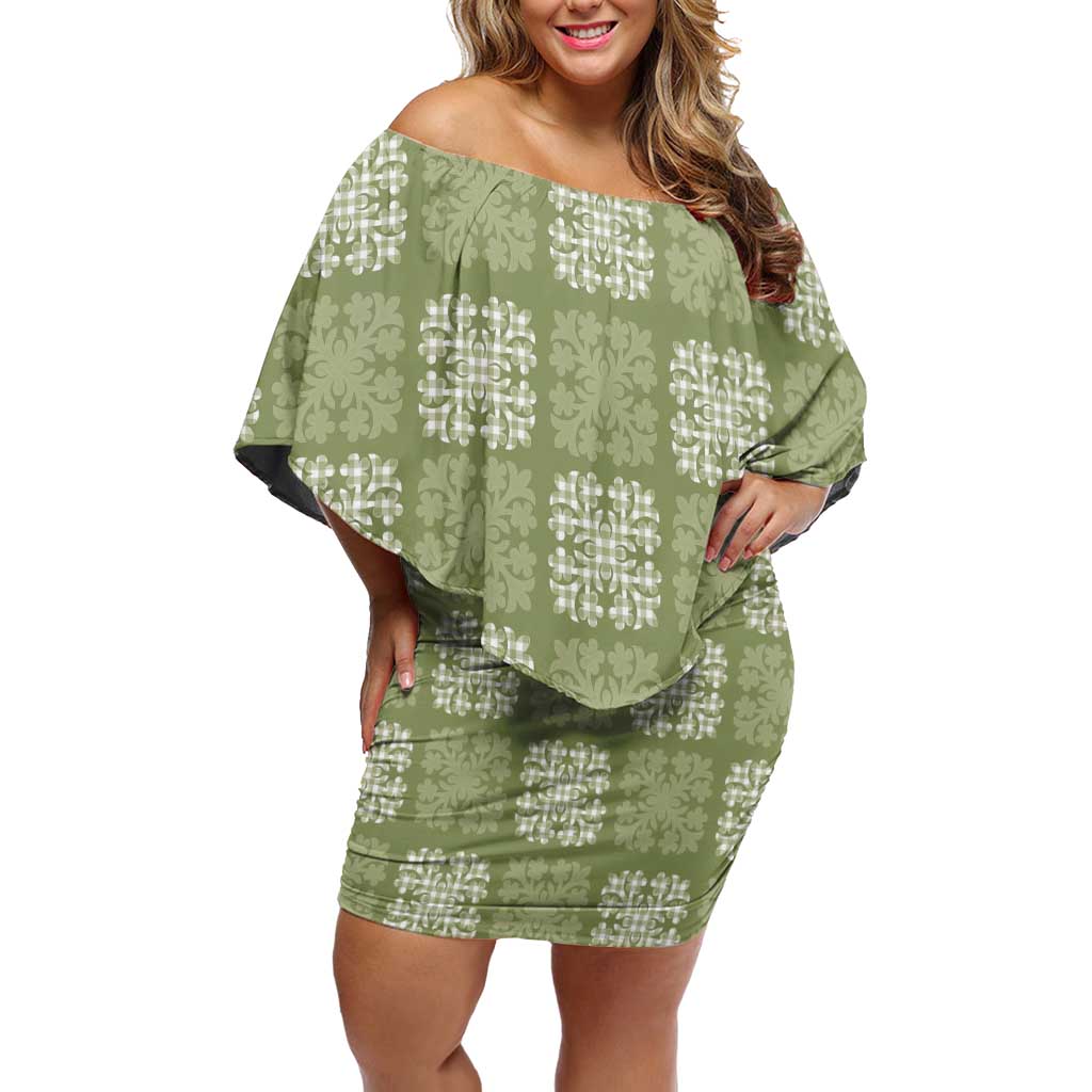 Vesuvian Green Palaka Quilt Hawaii Family Matching Off Shoulder Short Dress and Hawaiian Shirt Traditional Hawaii-plaid Pattern LT14 Mom's Dress Vesuvian Green - Polynesian Pride