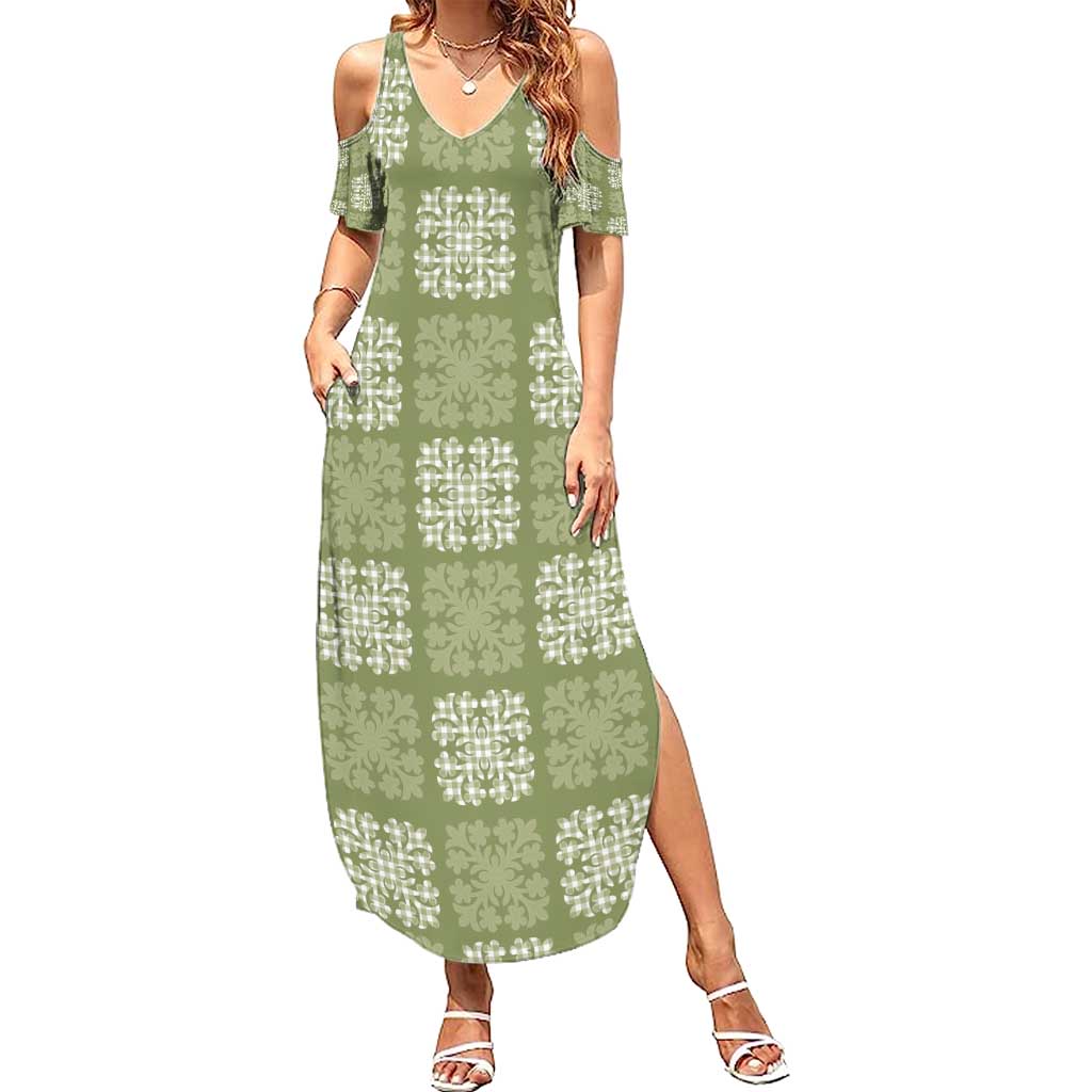 Vesuvian Green Palaka Quilt Hawaii Family Matching Summer Maxi Dress and Hawaiian Shirt Traditional Hawaii-plaid Pattern LT14 Mom's Dress Vesuvian Green - Polynesian Pride