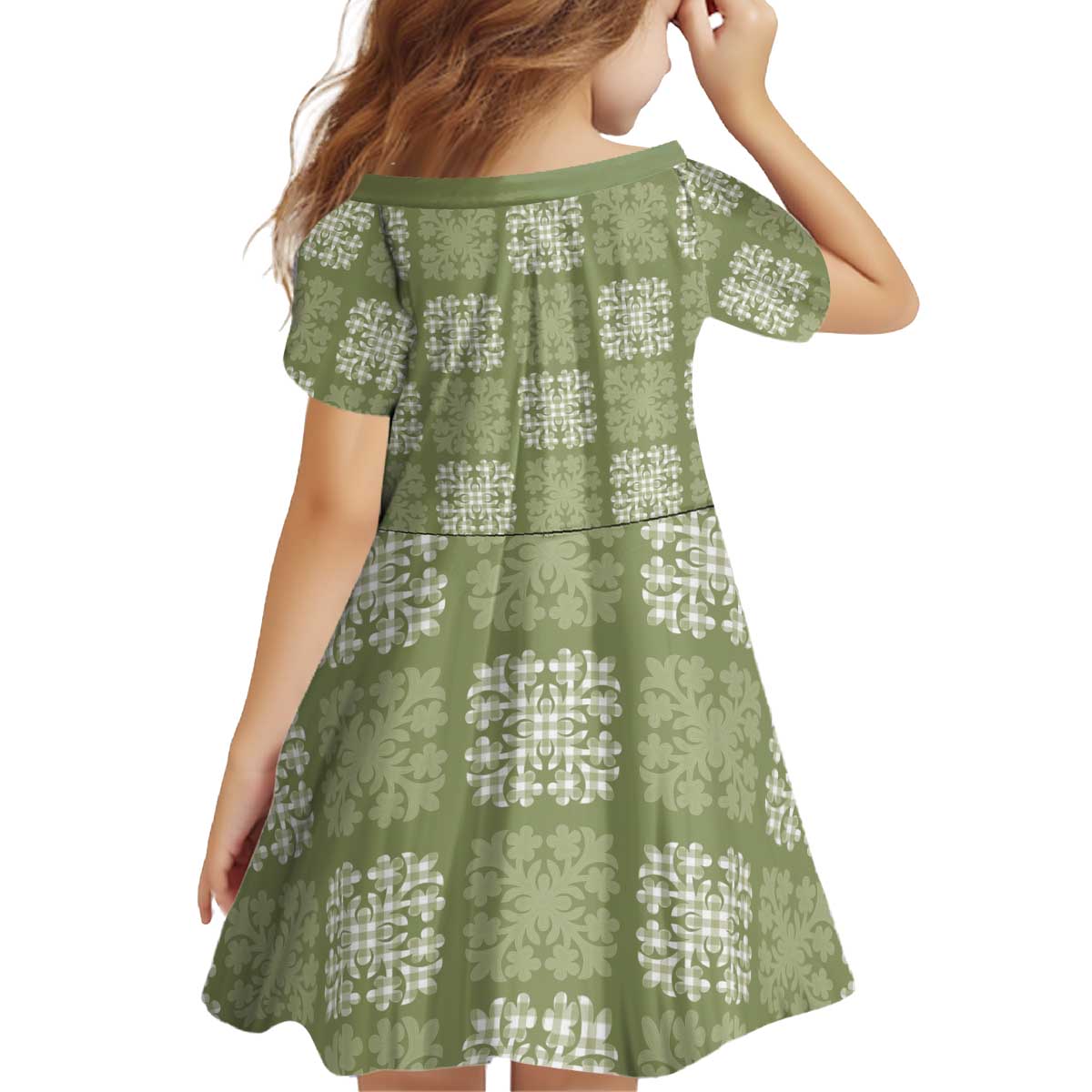 Vesuvian Green Palaka Quilt Hawaii Kid Short Sleeve Dress Traditional Hawaii-plaid Pattern - Polynesian Pride