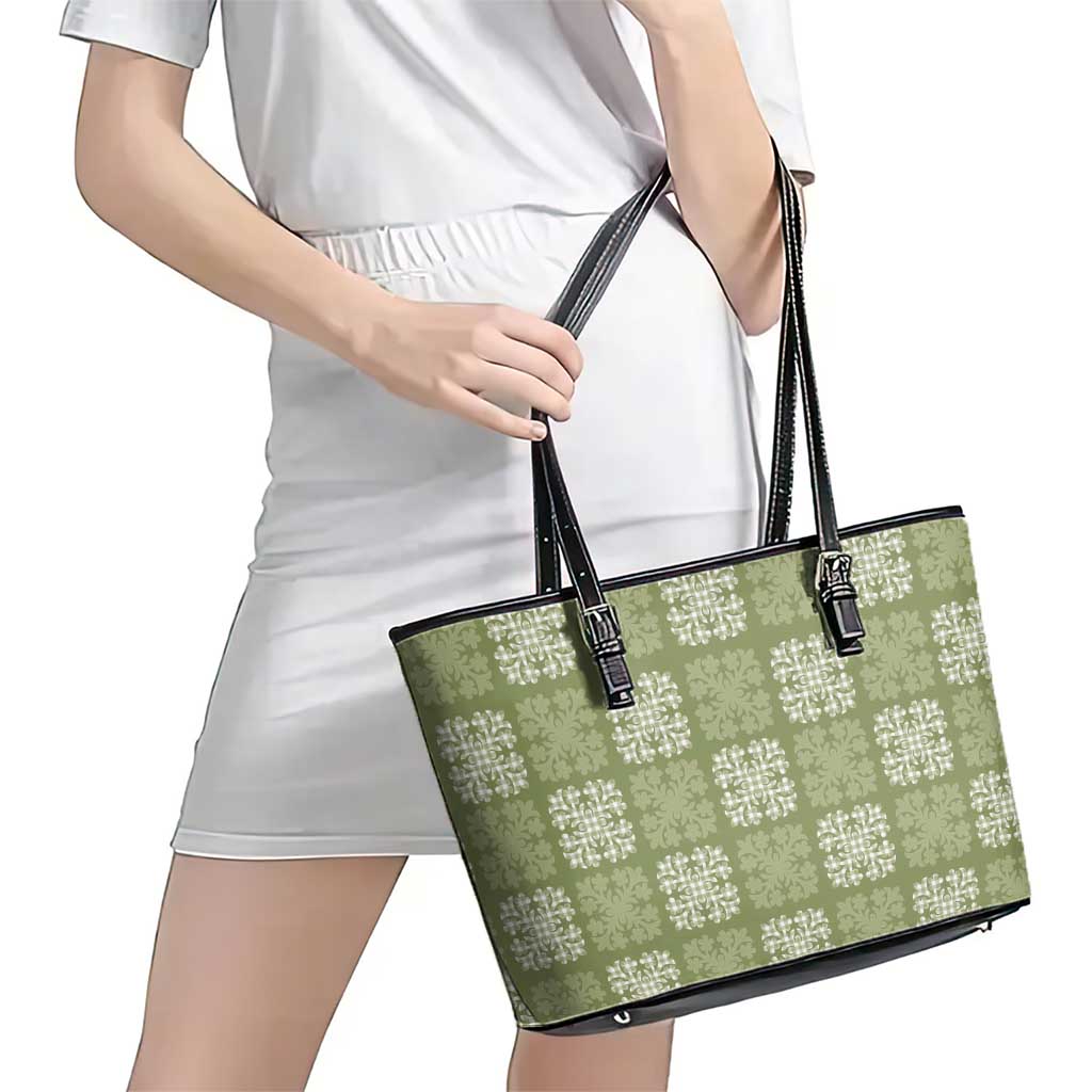 Vesuvian Green Palaka Quilt Hawaii Leather Tote Bag Traditional Hawaii-plaid Pattern - Polynesian Pride
