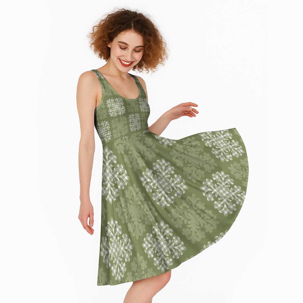 Vesuvian Green Palaka Quilt Hawaii Midi Dress Traditional Hawaii-plaid Pattern - Polynesian Pride