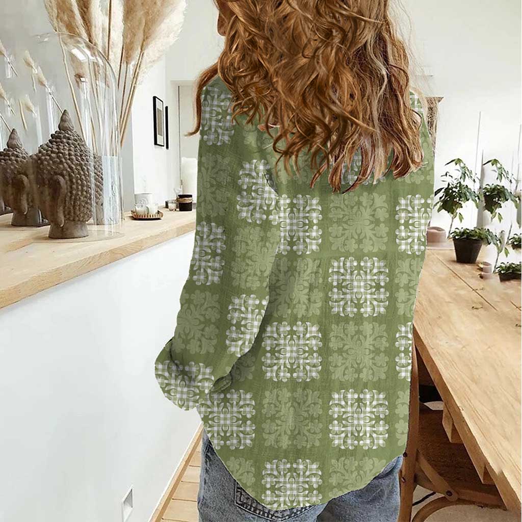 Vesuvian Green Palaka Quilt Hawaii Women Casual Shirt Traditional Hawaii-plaid Pattern - Polynesian Pride