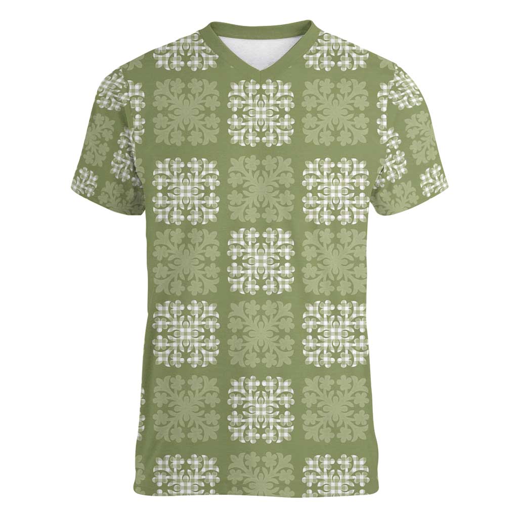 Vesuvian Green Palaka Quilt Hawaii Women V-Neck T-Shirt Traditional Hawaii-plaid Pattern - Polynesian Pride
