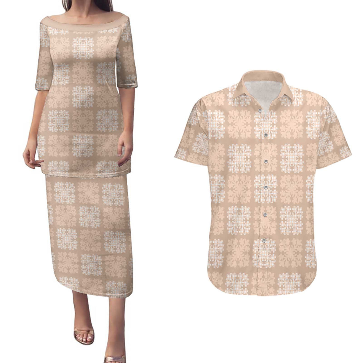 Beige Palaka Quilt Hawaii Couples Matching Puletasi and Hawaiian Shirt Traditional Hawaii-plaid Pattern - Polynesian Pride