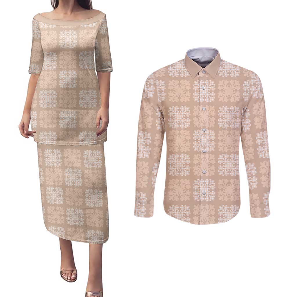 Beige Palaka Quilt Hawaii Couples Matching Puletasi and Long Sleeve Button Shirt Traditional Hawaii-plaid Pattern - Polynesian Pride