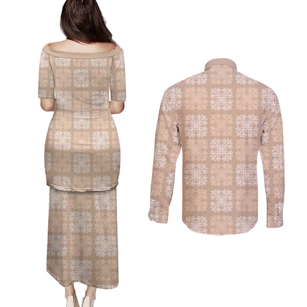 Beige Palaka Quilt Hawaii Couples Matching Puletasi and Long Sleeve Button Shirt Traditional Hawaii-plaid Pattern - Polynesian Pride