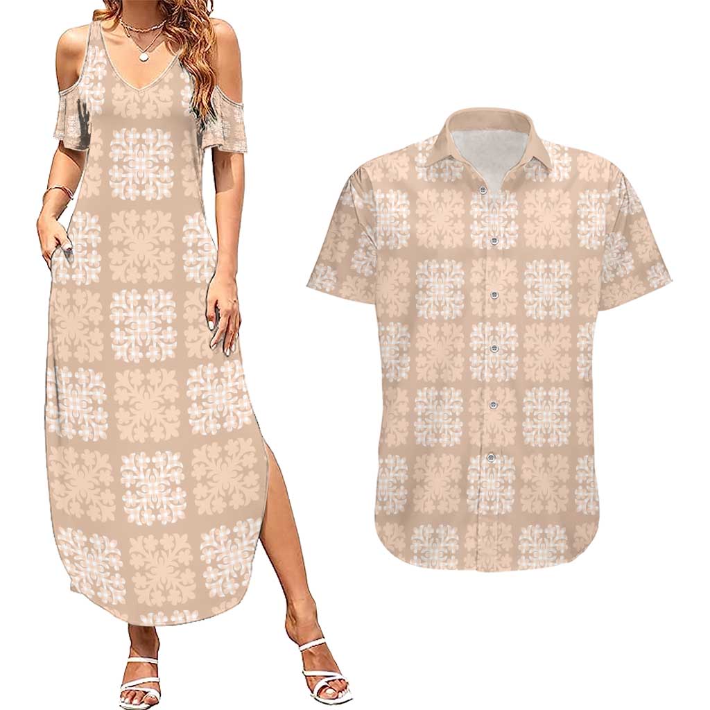 Beige Palaka Quilt Hawaii Couples Matching Summer Maxi Dress and Hawaiian Shirt Traditional Hawaii-plaid Pattern LT14 Beige - Polynesian Pride